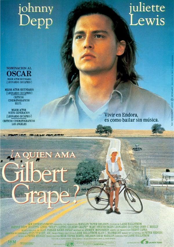 Portada de la película ¿A quién ama Gilbert Grape?, donde se ve en la mitad inferior a un joven (el hijo de la familia) sujetando una bici, y en la mitad superior, fusionado con el cuelo, al padre de la familia.