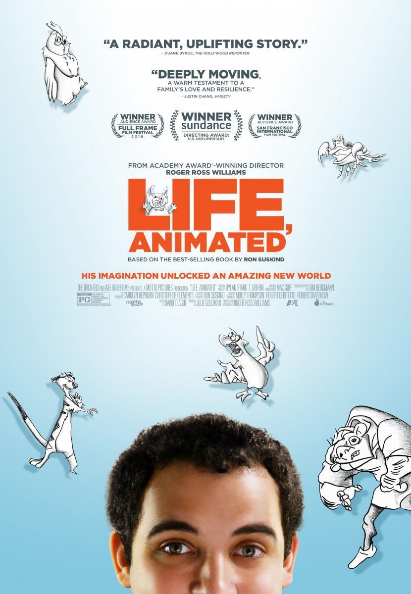 Portada en inglés de la película Vida Animada (Life, Animated) donde se ve media cara del protagonista, encima varios dibujos animados